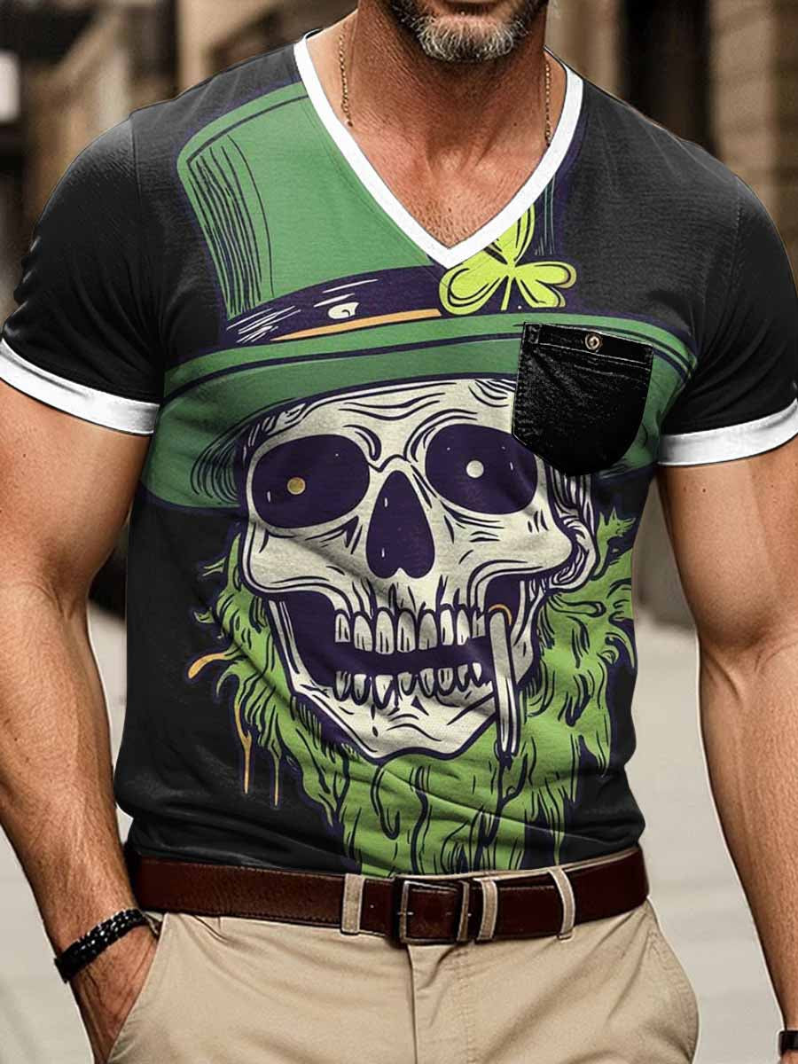 St. Patrick's Skull Print Camiseta de manga corta con cuello en V para hombre