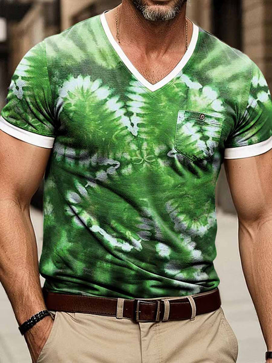 Trébol de tres hojas Tie-Dye Imprimir manga corta con cuello en V camiseta de los hombres