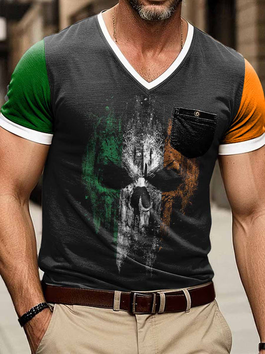 Camiseta de manga corta con cuello en V y estampado de cráneo de Irlanda para hombre
