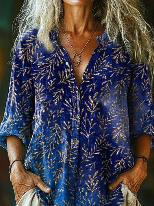 Retro Boho Applique Floral Art Impreso Vintage Chic con cuello en V Botón de bolsillo de algodón de manga larga Camisa