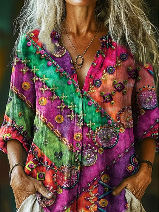 Retro Boho Applique Floral Art Impreso Vintage Chic con cuello en V Botón de bolsillo de algodón de manga larga Camisa
