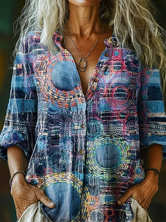 Retro Boho Applique Floral Art Impreso Vintage Chic con cuello en V Botón de bolsillo de algodón de manga larga Camisa
