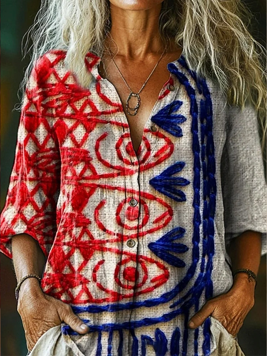 Retro Boho Applique Floral Art Impreso Vintage Chic con cuello en V Botón de bolsillo de algodón de manga larga Camisa