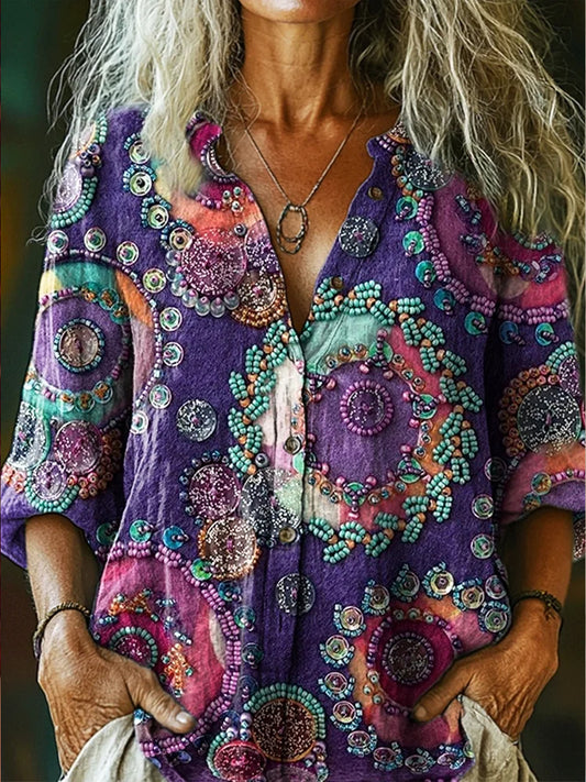 Retro Boho Applique Floral Art Impreso Vintage Chic con cuello en V Botón de bolsillo de algodón de manga larga Camisa