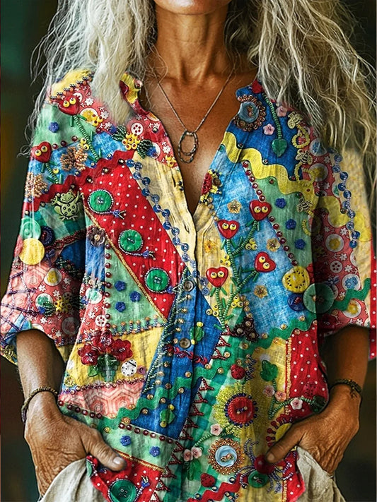 Retro Boho Applique Floral Art Impreso Vintage Chic con cuello en V Botón de bolsillo de algodón de manga larga Camisa