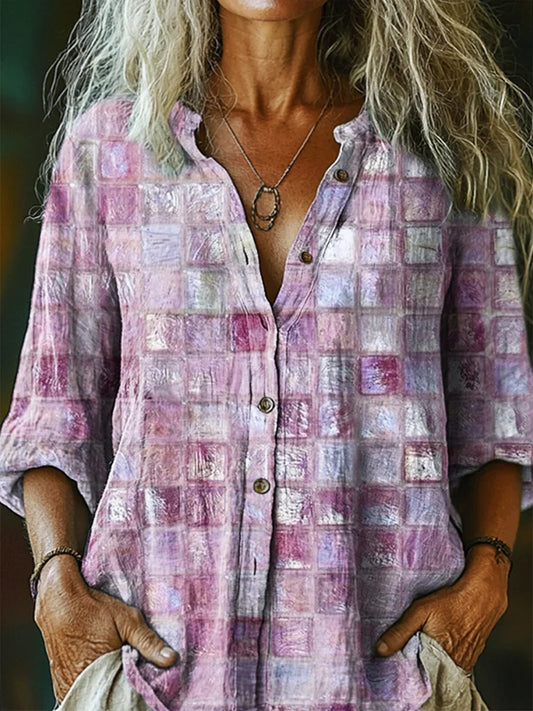 Retro Boho Applique Floral Art Impreso Vintage Chic con cuello en V Botón de bolsillo de algodón de manga larga Camisa
