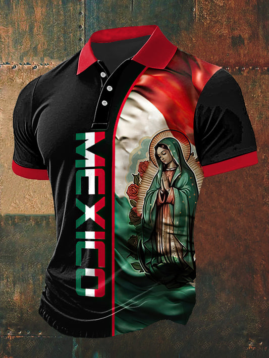 Camiseta de manga corta con cuello en polo estampado de Nuestra Señora para hombre