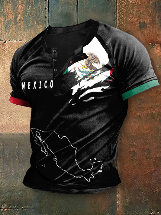 Camiseta de manga corta con cuello Henley y estampado México para hombre