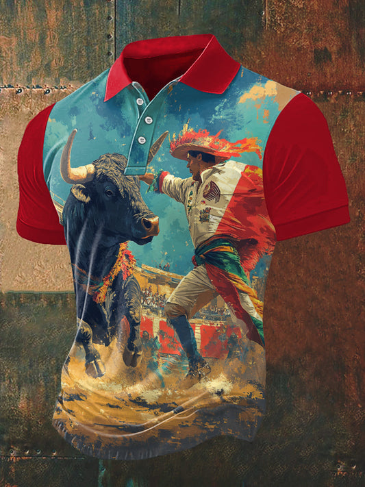 Hombres Mexican Bullfight Print Polo Cuello Camiseta de manga corta