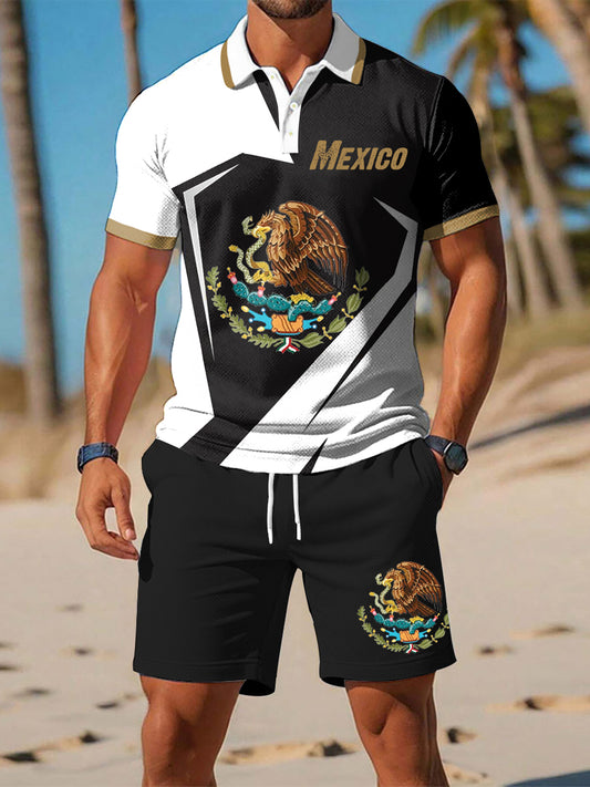 Conjuntos de polo de dos piezas casuales con estampado de México para hombres