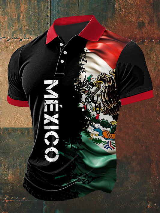 Camiseta de manga corta con cuello henley estampado de bandera de México para hombre