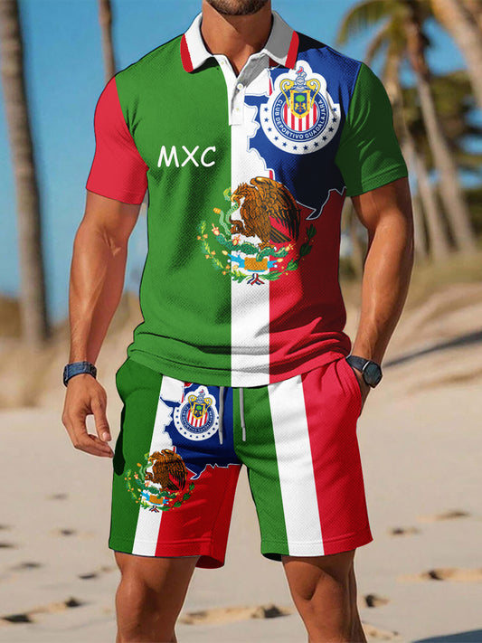 Conjuntos de polo de dos piezas casuales con estampado de México para hombres