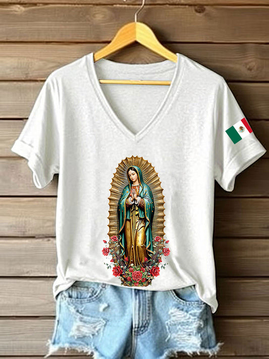 Mujer Floral Virgen de México Nuestra Señora de Guadalupe Bandera Mexicana Manga Corta Camiseta