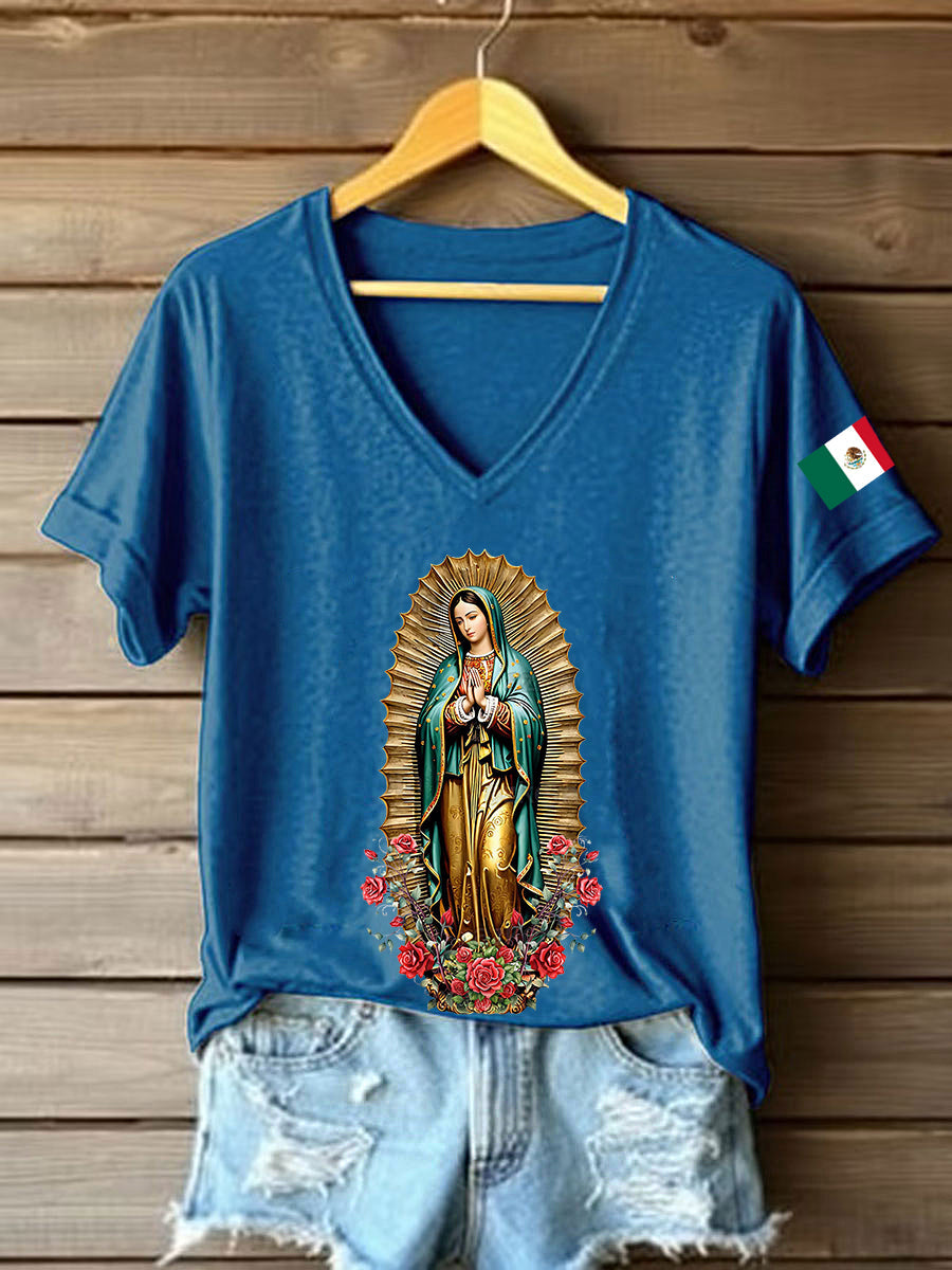 Mujer Floral Virgen de México Nuestra Señora de Guadalupe Bandera Mexicana Manga Corta Camiseta