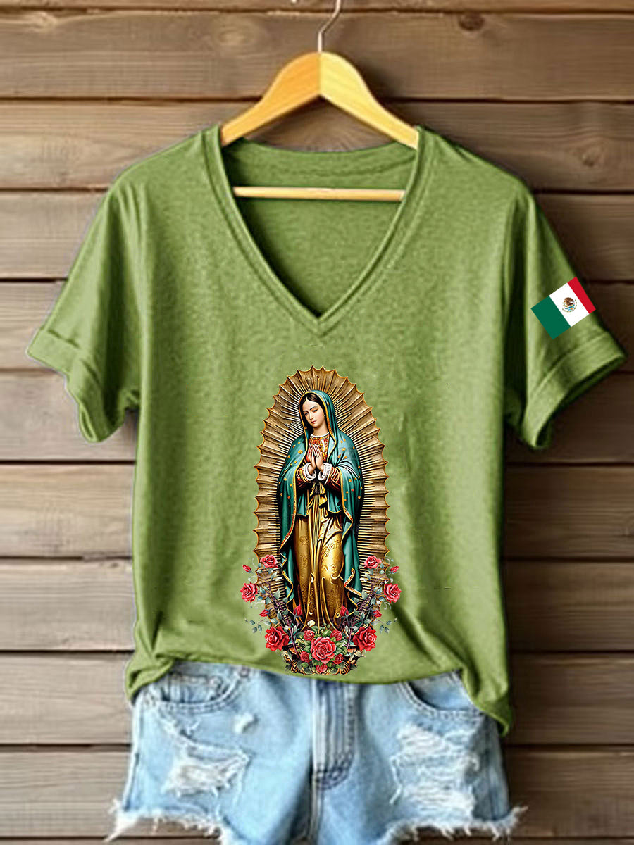 Mujer Floral Virgen de México Nuestra Señora de Guadalupe Bandera Mexicana Manga Corta Camiseta