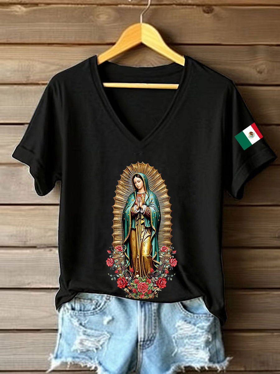 Mujer Floral Virgen de México Nuestra Señora de Guadalupe Bandera Mexicana Manga Corta Camiseta