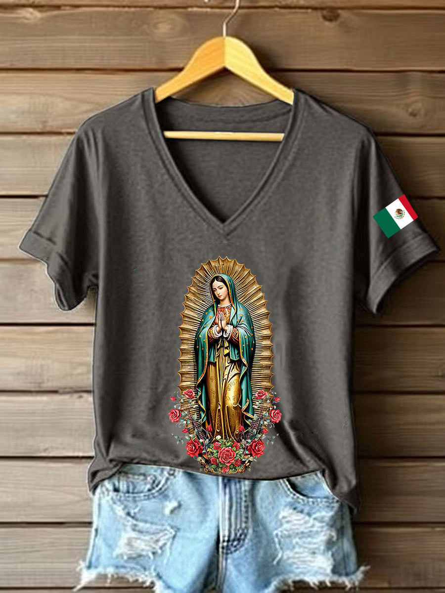 Mujer Floral Virgen de México Nuestra Señora de Guadalupe Bandera Mexicana Manga Corta Camiseta