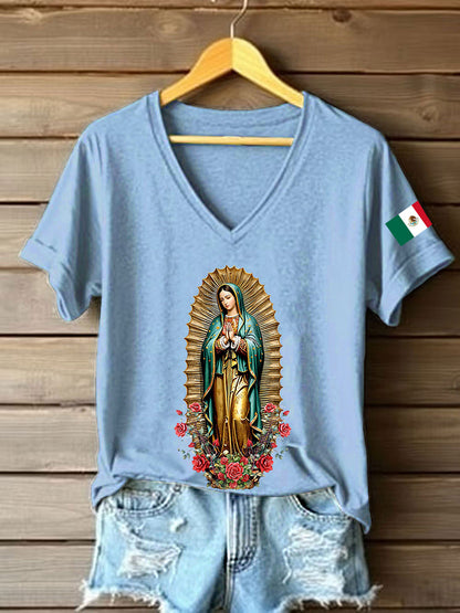 Mujer Floral Virgen de México Nuestra Señora de Guadalupe Bandera Mexicana Manga Corta Camiseta