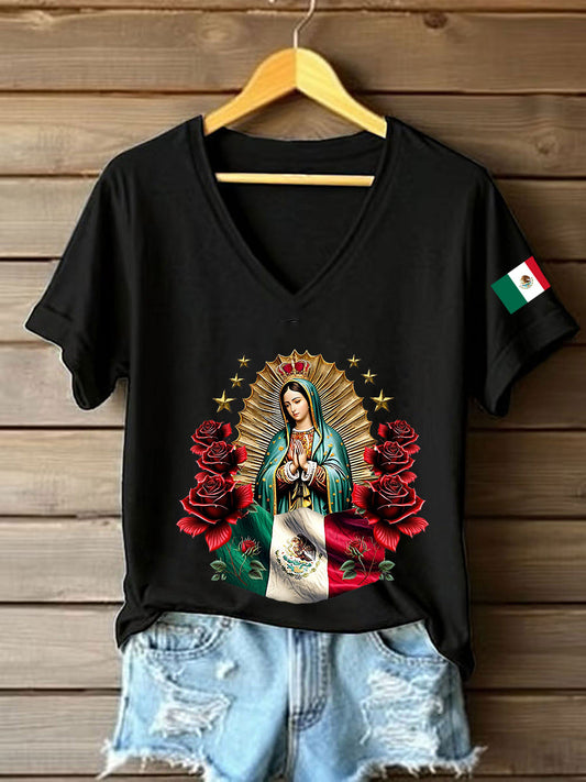 Mujer Floral Virgen de México Nuestra Señora de Guadalupe Bandera Mexicana Manga Corta Camiseta