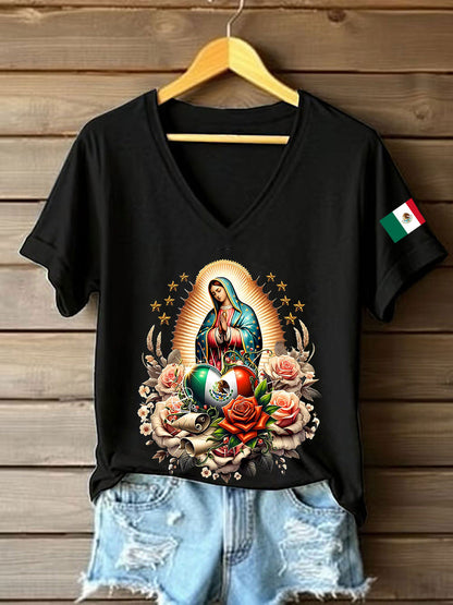 Mujer Floral Virgen de México Nuestra Señora de Guadalupe Bandera Mexicana Manga Corta Camiseta