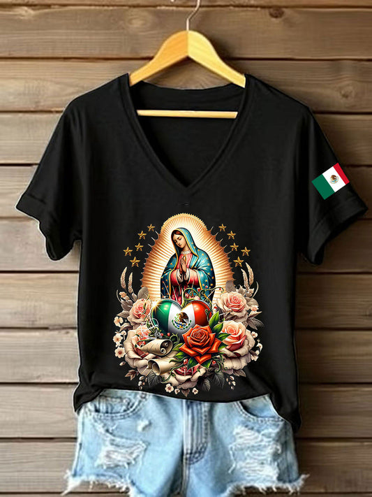 Mujer Floral Virgen de México Nuestra Señora de Guadalupe Bandera Mexicana Manga Corta Camiseta