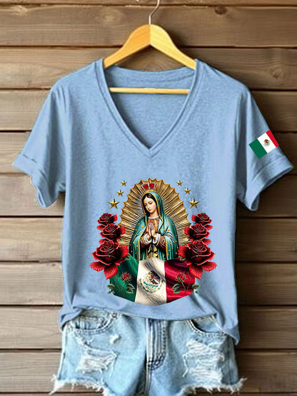 Mujer Floral Virgen de México Nuestra Señora de Guadalupe Bandera Mexicana Manga Corta Camiseta