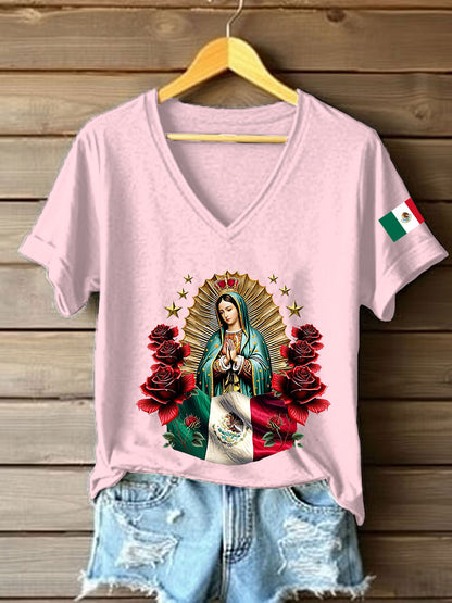 Mujer Floral Virgen de México Nuestra Señora de Guadalupe Bandera Mexicana Manga Corta Camiseta
