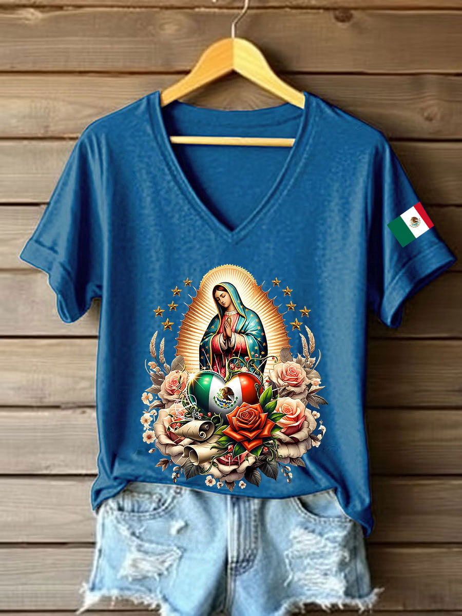 Mujer Floral Virgen de México Nuestra Señora de Guadalupe Bandera Mexicana Manga Corta Camiseta