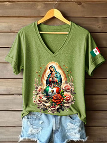 Mujer Floral Virgen de México Nuestra Señora de Guadalupe Bandera Mexicana Manga Corta Camiseta