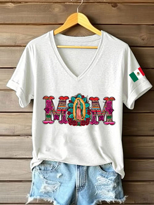 Mujer Floral Virgen de México Nuestra Señora de Guadalupe Bandera Mexicana Manga Corta Camiseta