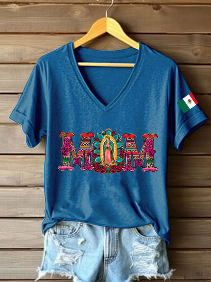 Mujer Floral Virgen de México Nuestra Señora de Guadalupe Bandera Mexicana Manga Corta Camiseta