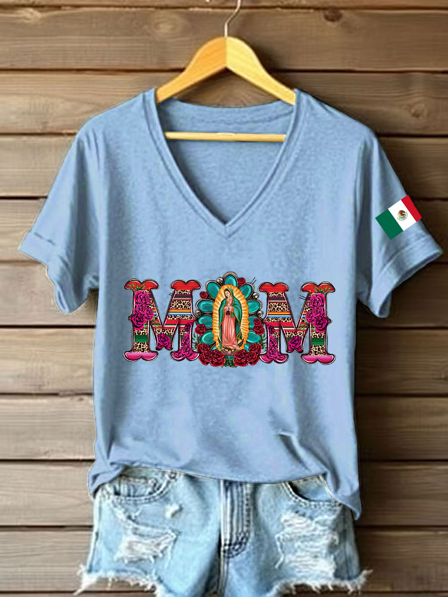Mujer Floral Virgen de México Nuestra Señora de Guadalupe Bandera Mexicana Manga Corta Camiseta