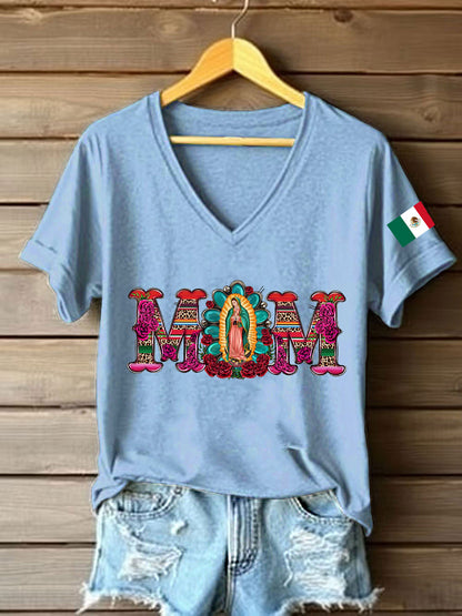 Mujer Floral Virgen de México Nuestra Señora de Guadalupe Bandera Mexicana Manga Corta Camiseta