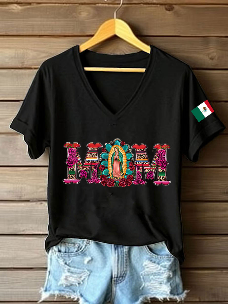 Mujer Floral Virgen de México Nuestra Señora de Guadalupe Bandera Mexicana Manga Corta Camiseta