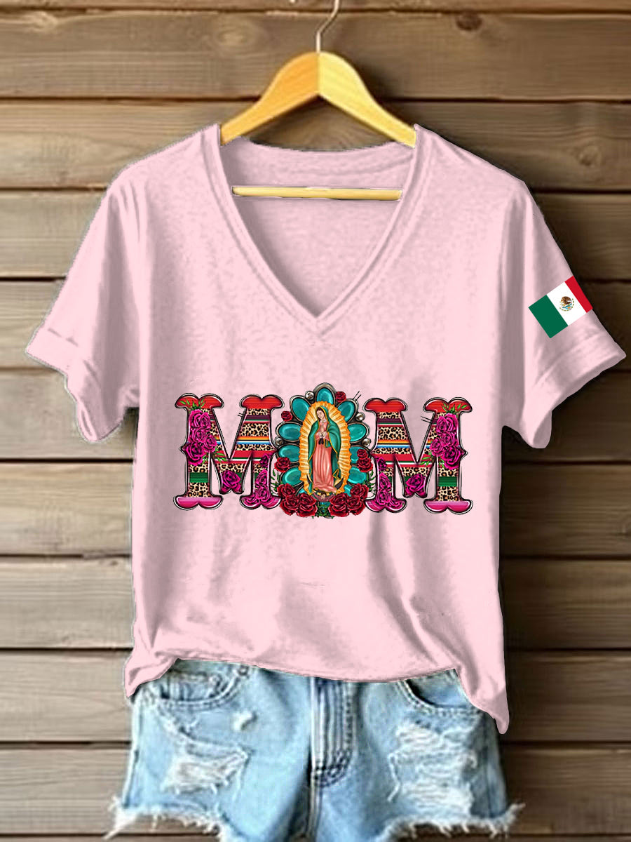 Mujer Floral Virgen de México Nuestra Señora de Guadalupe Bandera Mexicana Manga Corta Camiseta