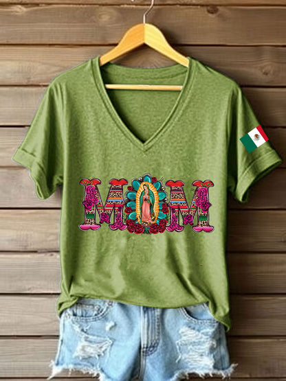 Mujer Floral Virgen de México Nuestra Señora de Guadalupe Bandera Mexicana Manga Corta Camiseta