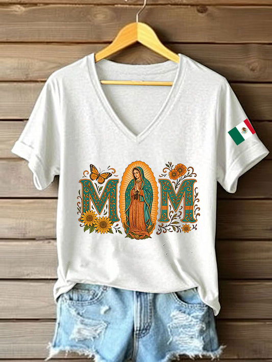 Mujer Floral Virgen de México Nuestra Señora de Guadalupe Bandera Mexicana Manga Corta Camiseta