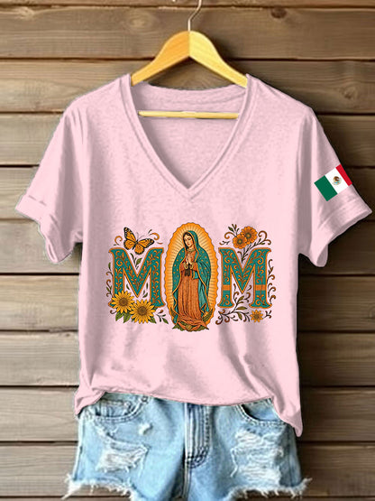 Mujer Floral Virgen de México Nuestra Señora de Guadalupe Bandera Mexicana Manga Corta Camiseta