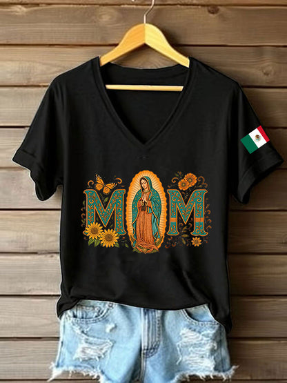 Mujer Floral Virgen de México Nuestra Señora de Guadalupe Bandera Mexicana Manga Corta Camiseta