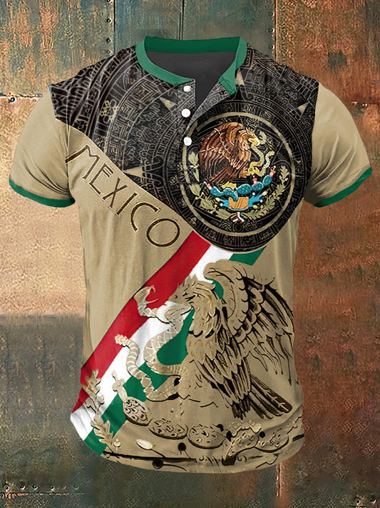 Camiseta de cuello Henley de manga corta con estampado de México para hombre