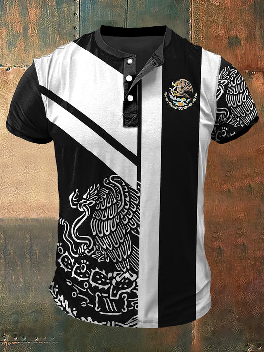 Camiseta de cuello Henley de manga corta con estampado de México para hombre