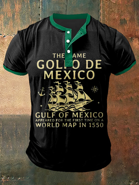 Culf Of Mexico Print Art camiseta de manga corta con cuello henley