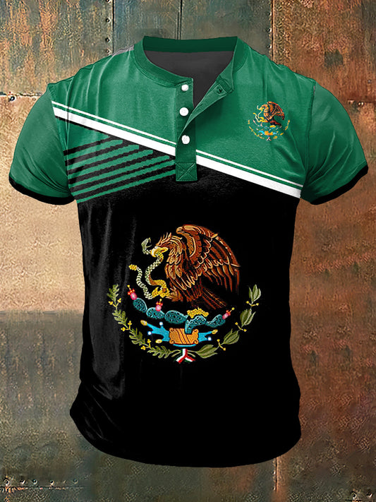 Camiseta de cuello Henley de manga corta con estampado de México para hombre
