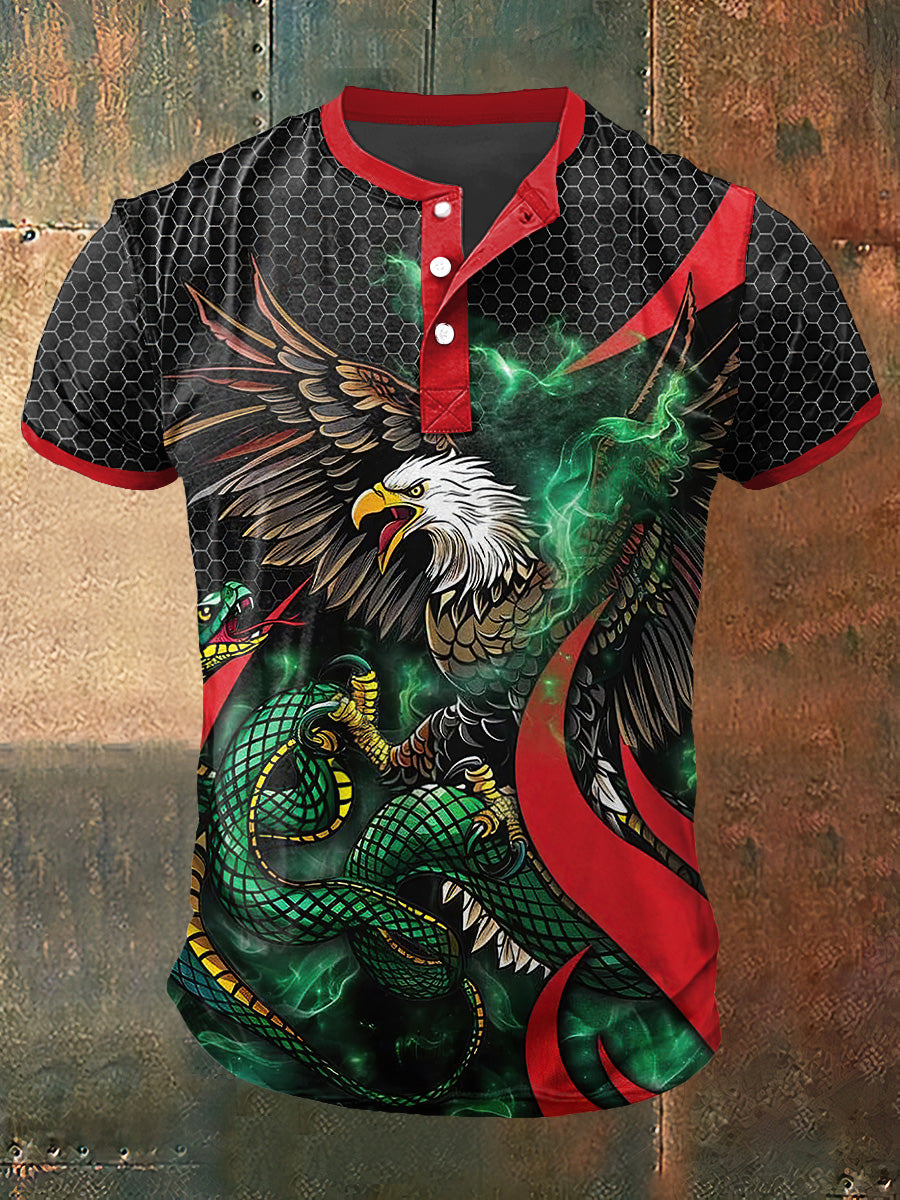 Camiseta de cuello Henley de manga corta México Eagle Print Art para hombre