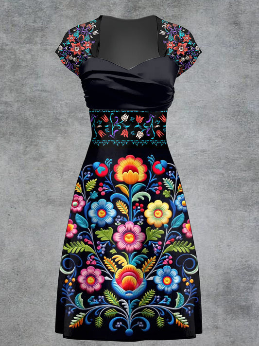 Vestido de manga corta con estampado de arte floral retro