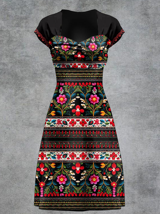 Vestido de manga corta estampado de arte floral retro de moda elegante