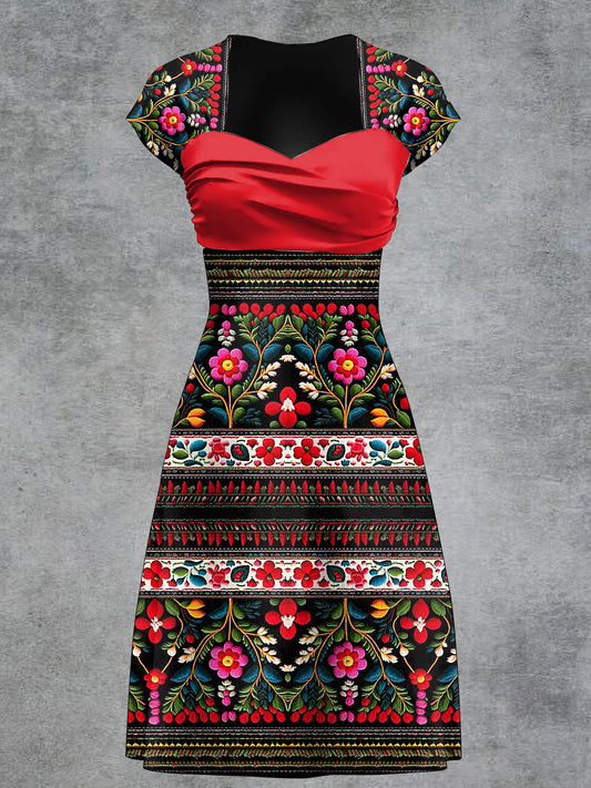 Vestido de manga corta con estampado de arte floral retro