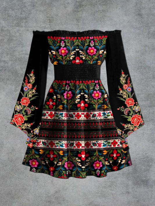 Moda elegante de las mujeres impresión floral un hombro trompeta manga vestido