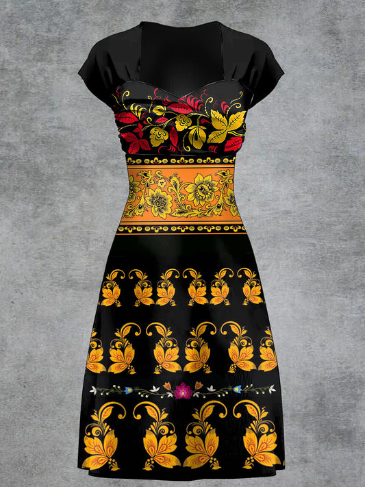 Vestido de manga corta con estampado de arte floral retro