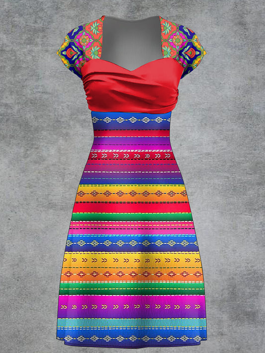 Vestido de manga corta estampado de arte floral retro de rayas coloridas